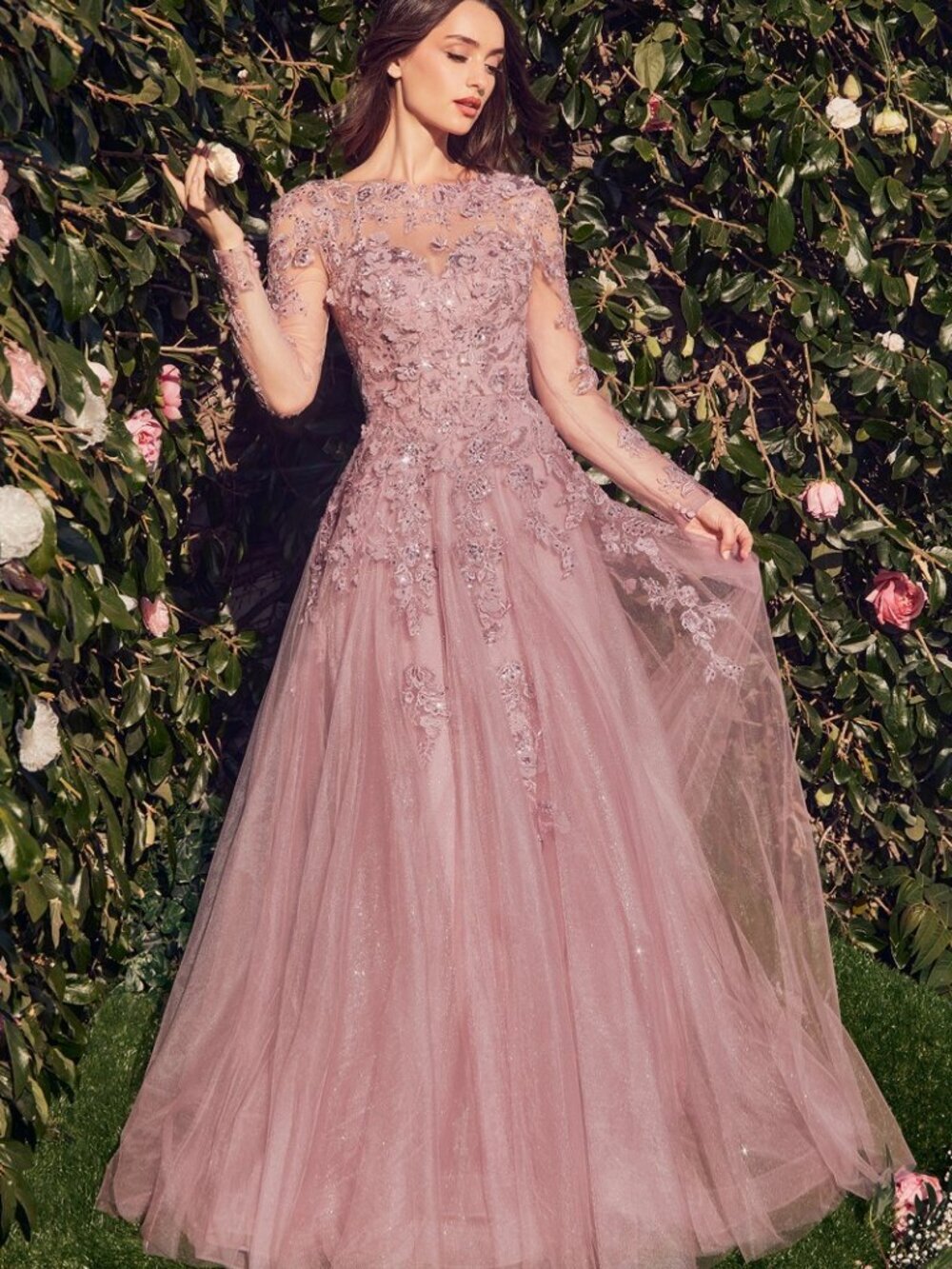 NEW A-LINE TULLE BALL GOWN W/ ILLUSION HIGH NECKLINE & LONG SLEEVES CD MA108